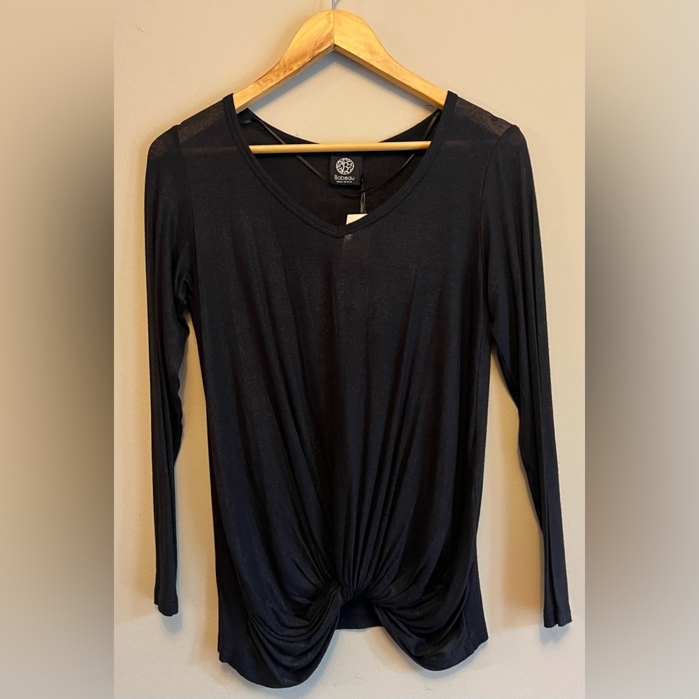 NWT Bobeau Black Shimmer Knot Front Long Sleeve Top Size XS